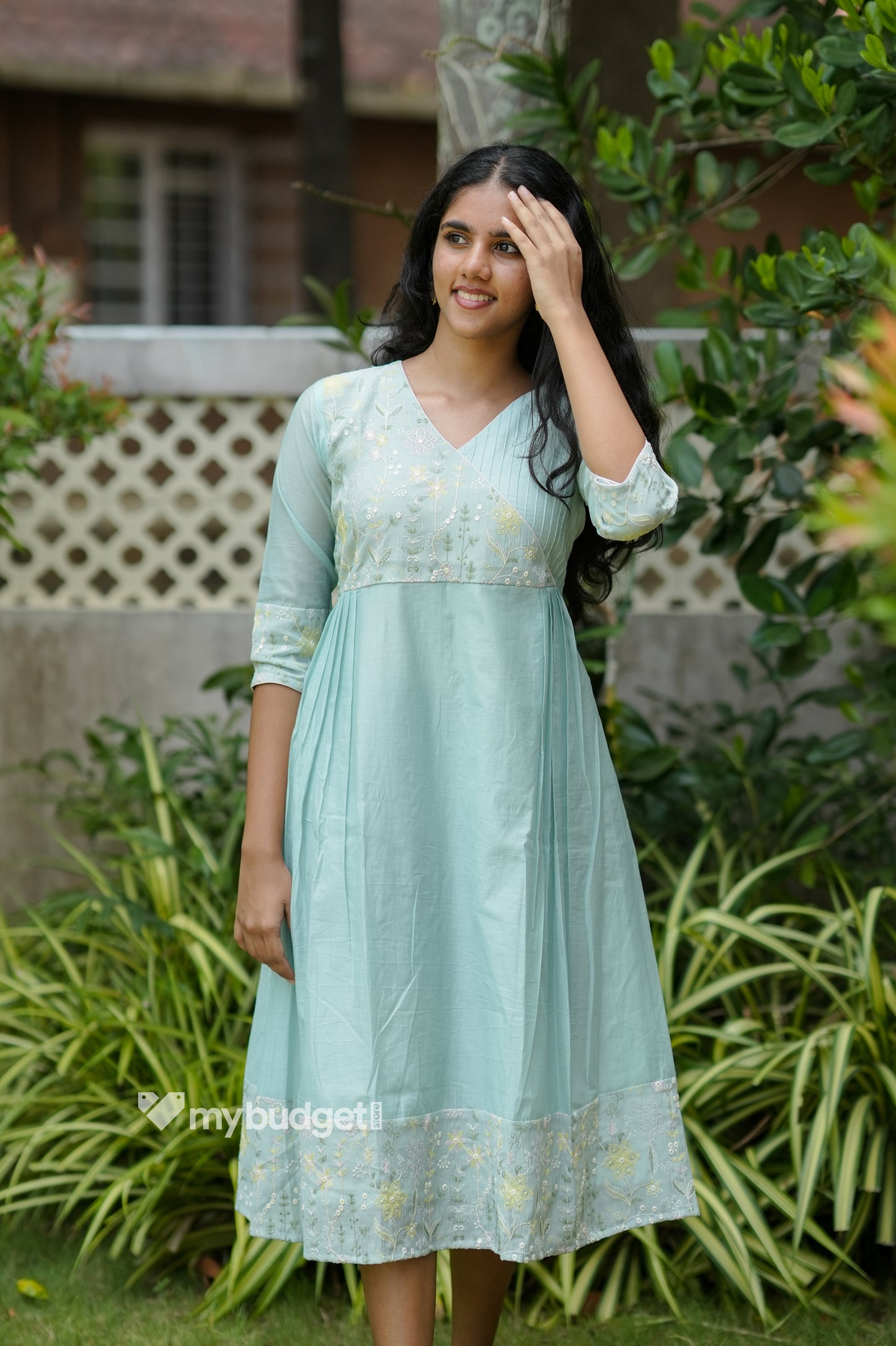 Pastel blue shaded viscose mul chanderi A-line kurti with designer yoke in overlap pattern MBS-1175