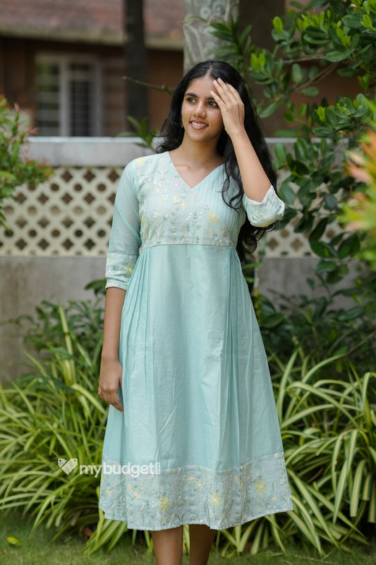 Pastel blue shaded viscose mul chanderi A-line kurti with designer yoke in overlap pattern MBS-1175