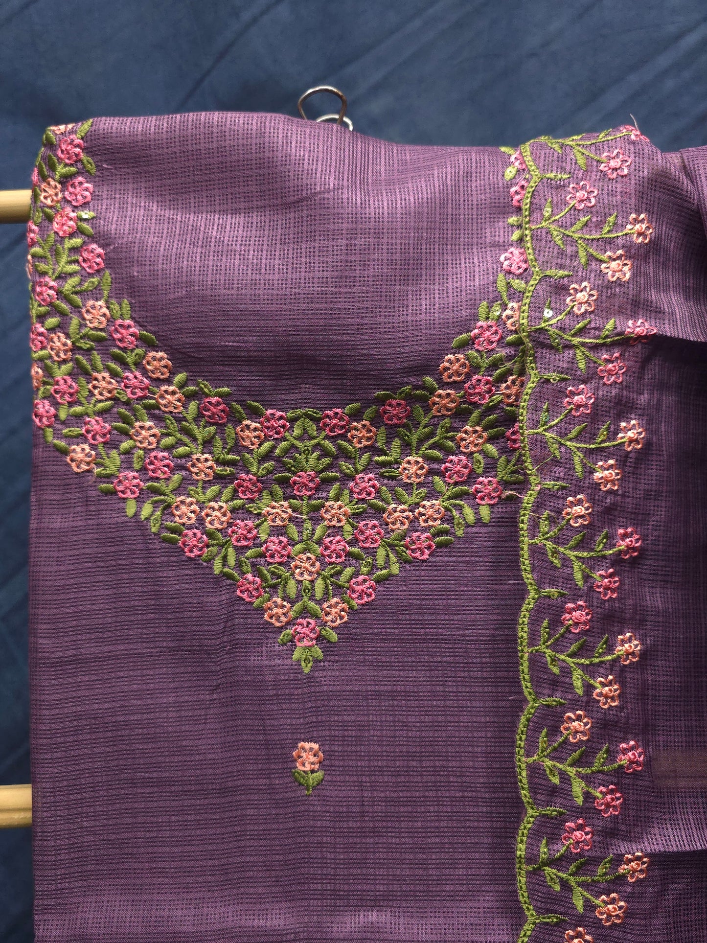 Heather purple shaded kota silk unstitched salwar set  with floral thread worked neckline DRM  **ready to dispatch**-0014