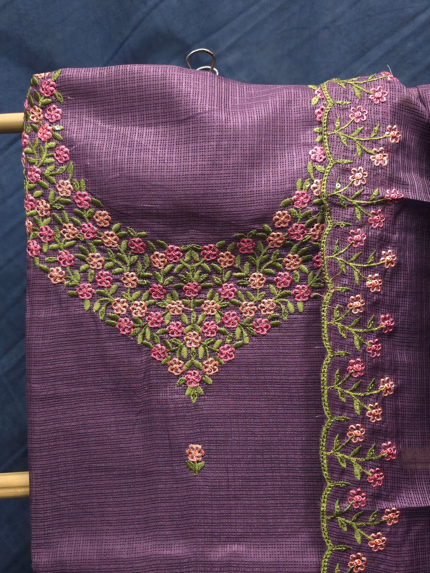 Heather purple shaded kota silk unstitched salwar set  with floral thread worked neckline DRM  **ready to dispatch**-0014