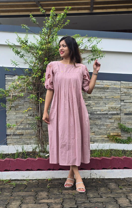 Mauve shaded soft mul cotton dress/kurti with cutworked sleeves and thread worked yoke MBS-420