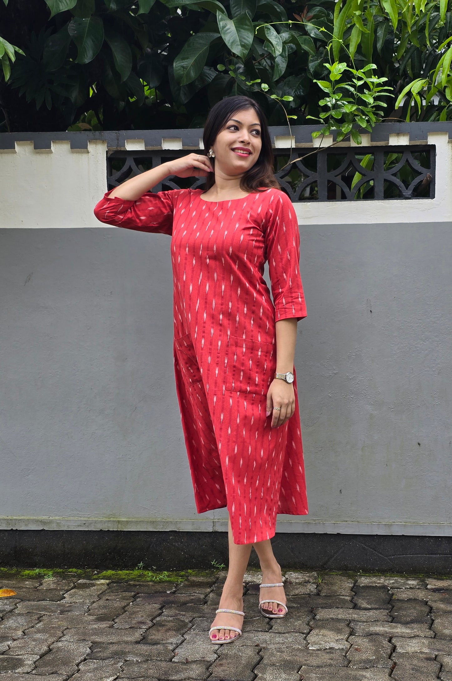 Red ikkat printed kurti/dress with front pockets MBS-428 ** Ready to dispatch **