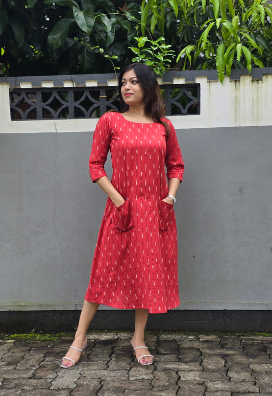 Red ikkat printed kurti/dress with front pockets MBS-428 ** Ready to dispatch **