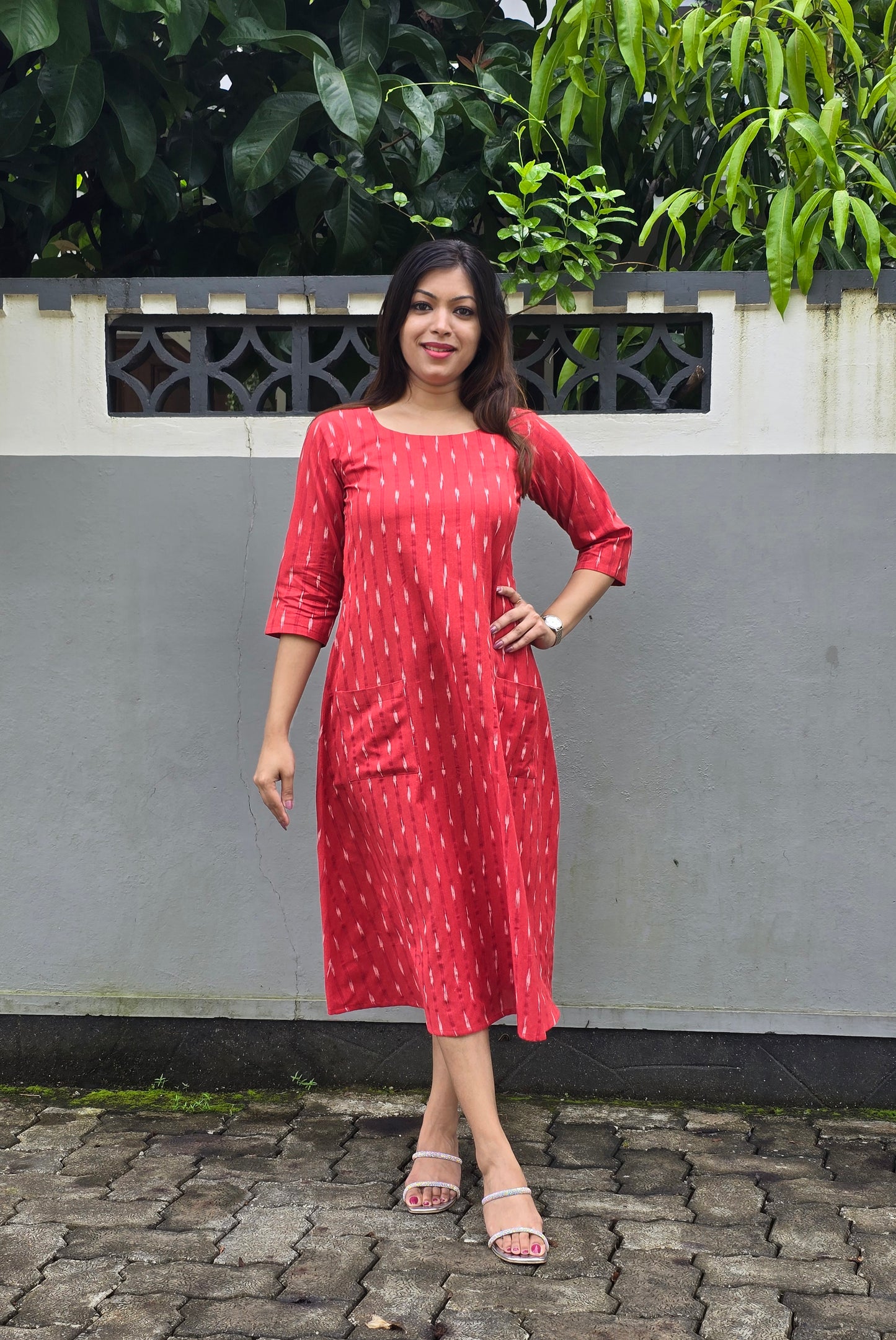 Red ikkat printed kurti/dress with front pockets MBS-428 ** Ready to dispatch **