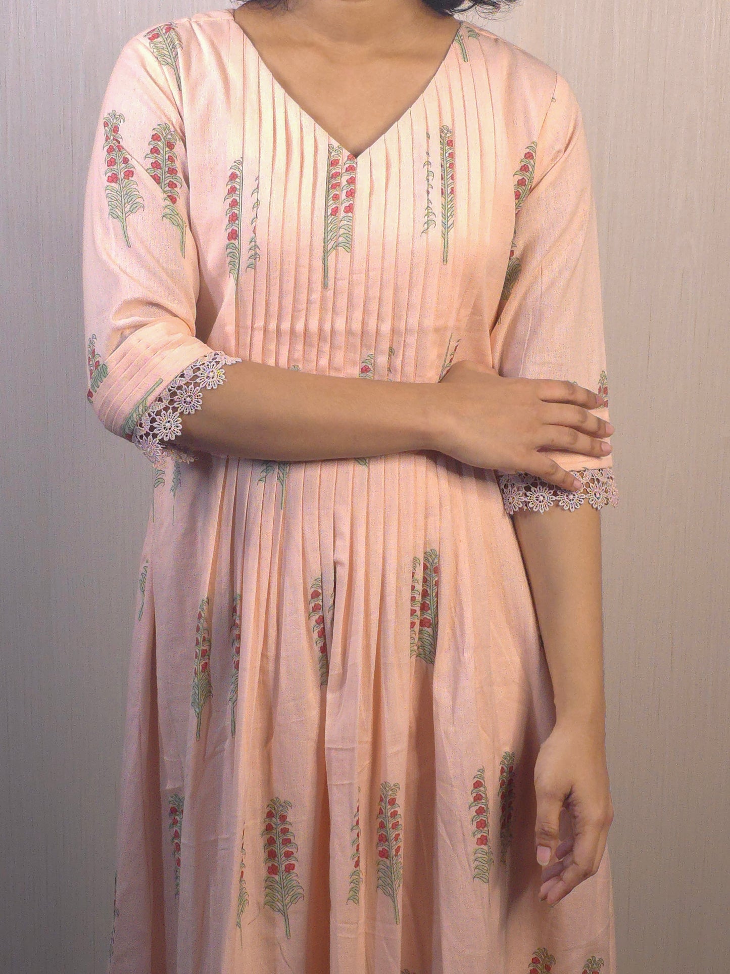 Pastel pink floral printed cotton lining kurti with pleated yoke and lace detailings MBS-492 ** ready to dispatch **