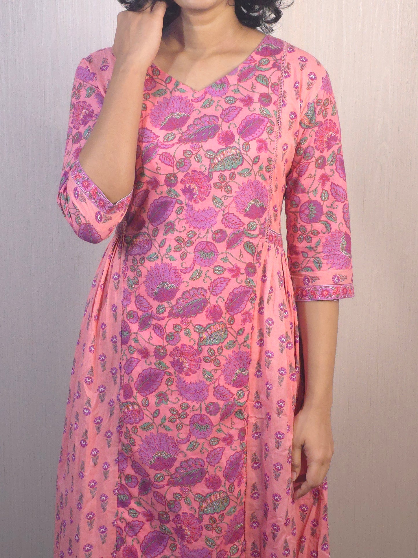 Tropical printed middle panel cotton kurti with side gathers in pink shade MBS-510 **ready to dispatch**