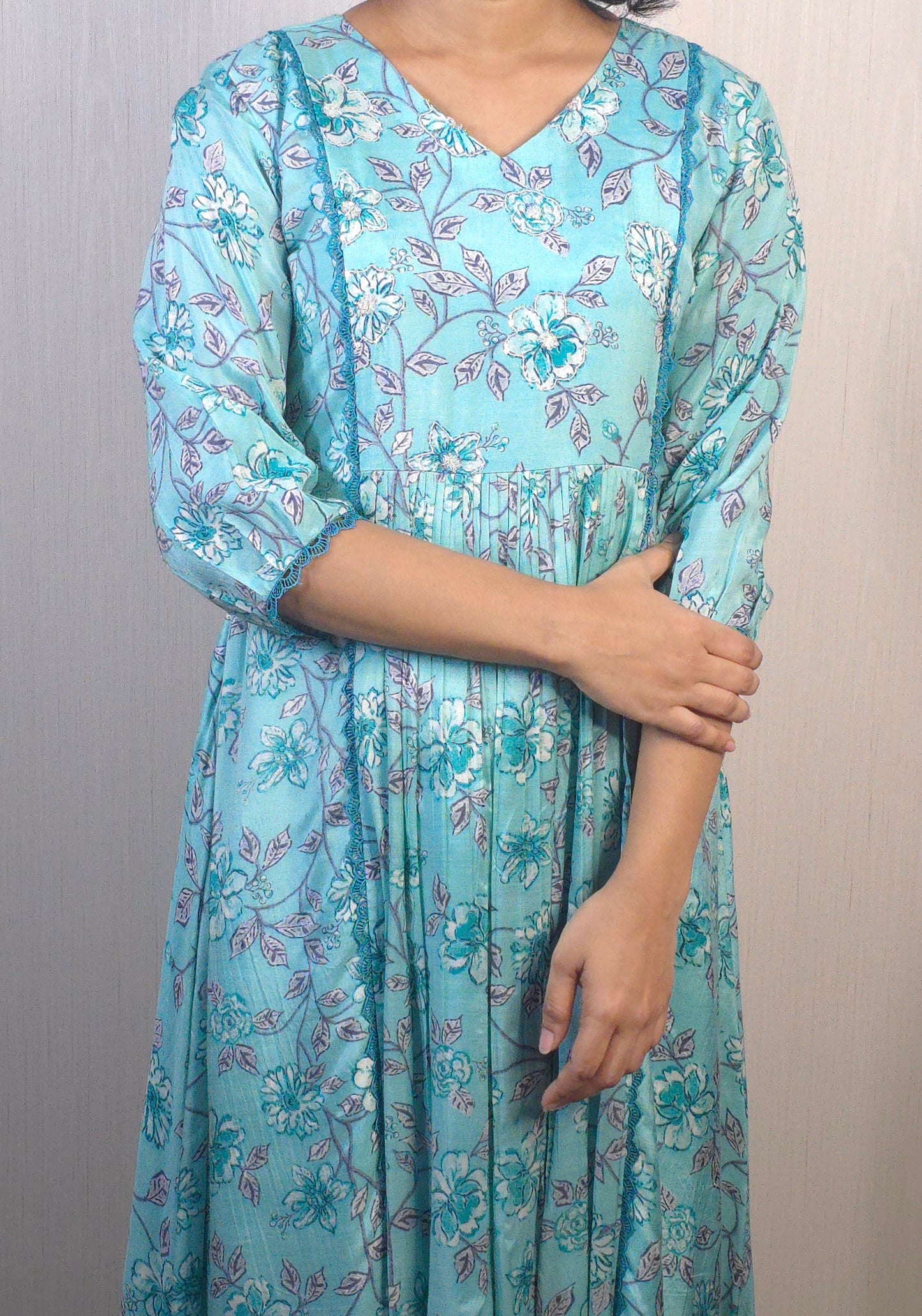 Cyan shaded crepe silk kurti/dress with handworked yoke MBS-527 **ready to dispatch**