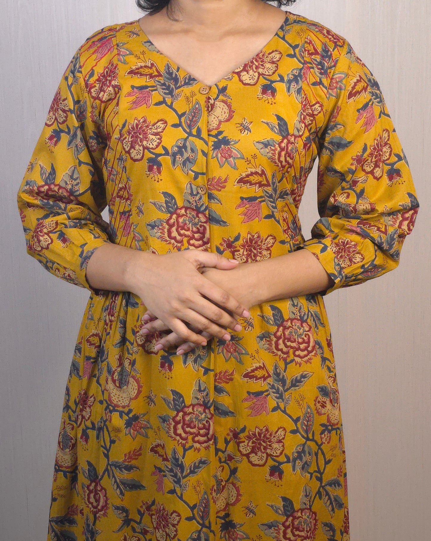 Mustard yellow shaded floral printed cotton kurti with anchor thread detailings MBS-504 **ready yo dispatch**