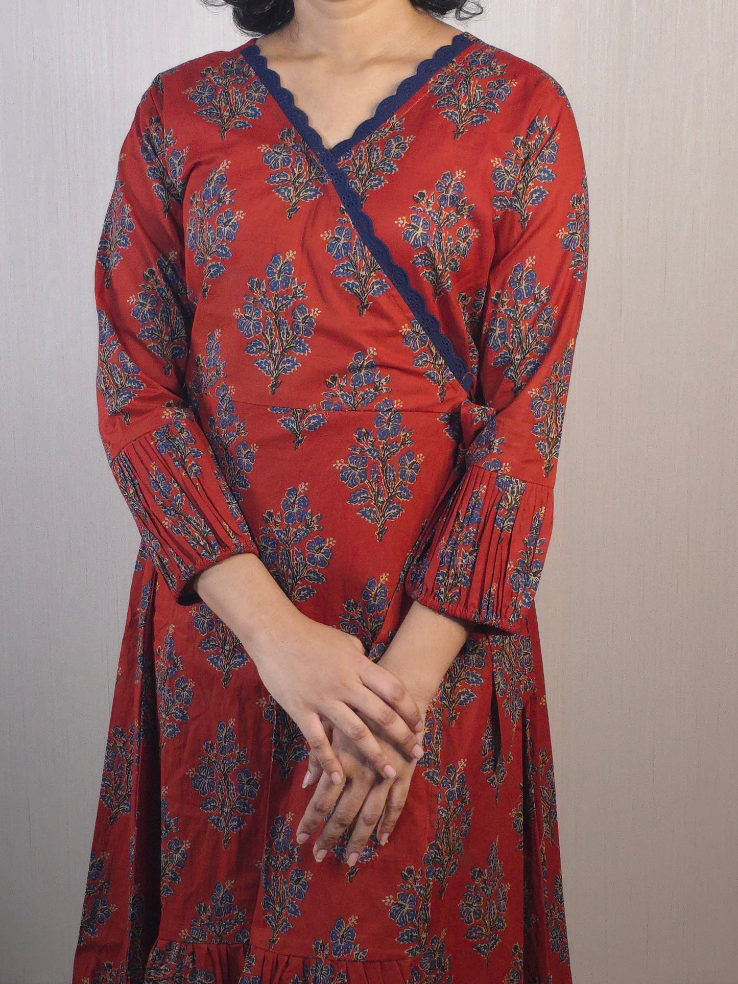 Meroon shaded floral printed cotton kurti/dress with overlapped neck MBS-509 **ready to dispatch**