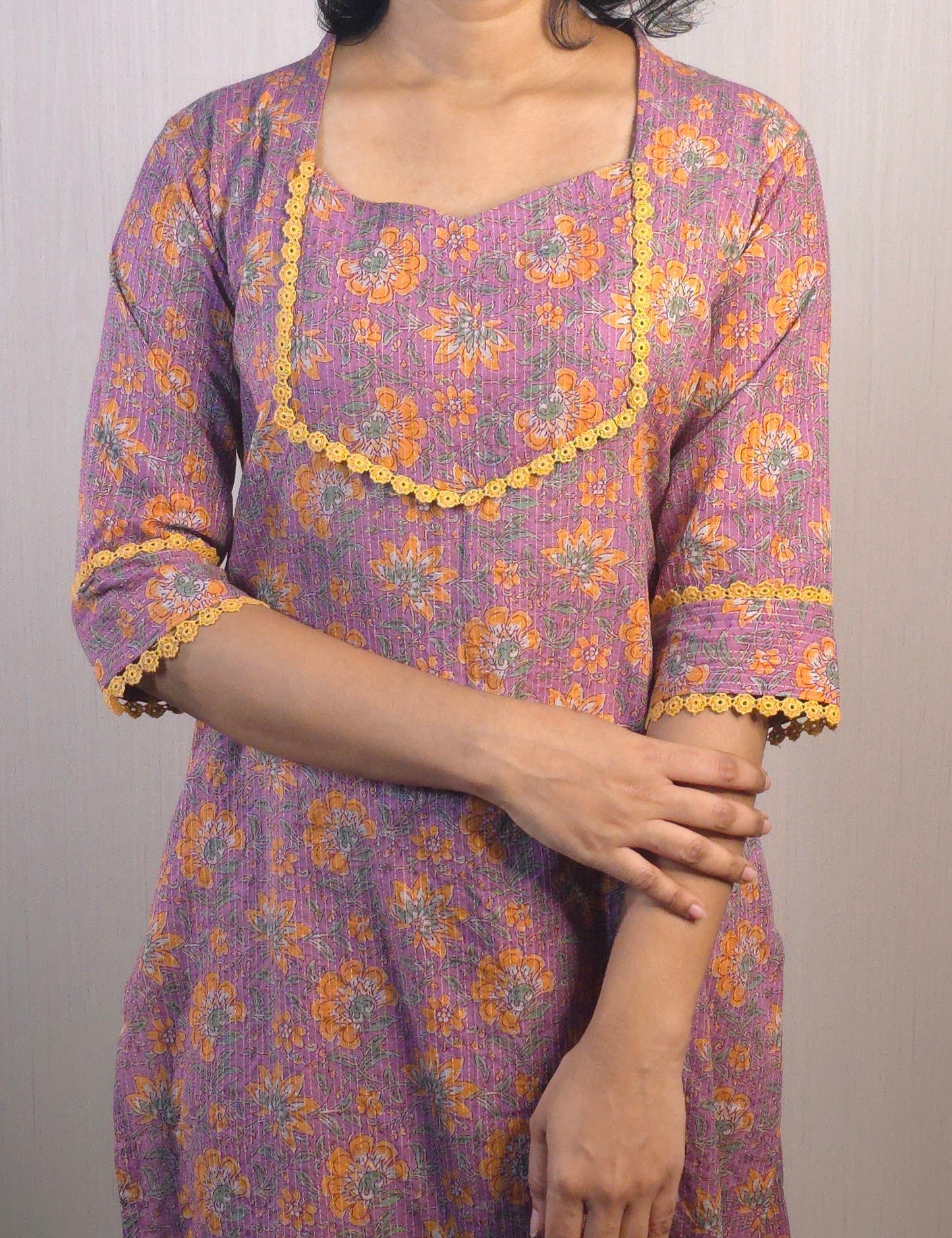 Lilac shaded katha cotton kurti with lace highlighted yoke and sleeves MBS-530 **ready to dispatch**