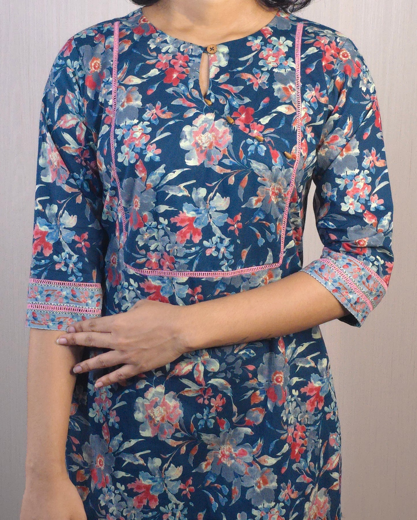 Blue floral printed cambric cotton kurti with lace detailings on yoke and sleeve end MBS-521 **ready to dispatch**