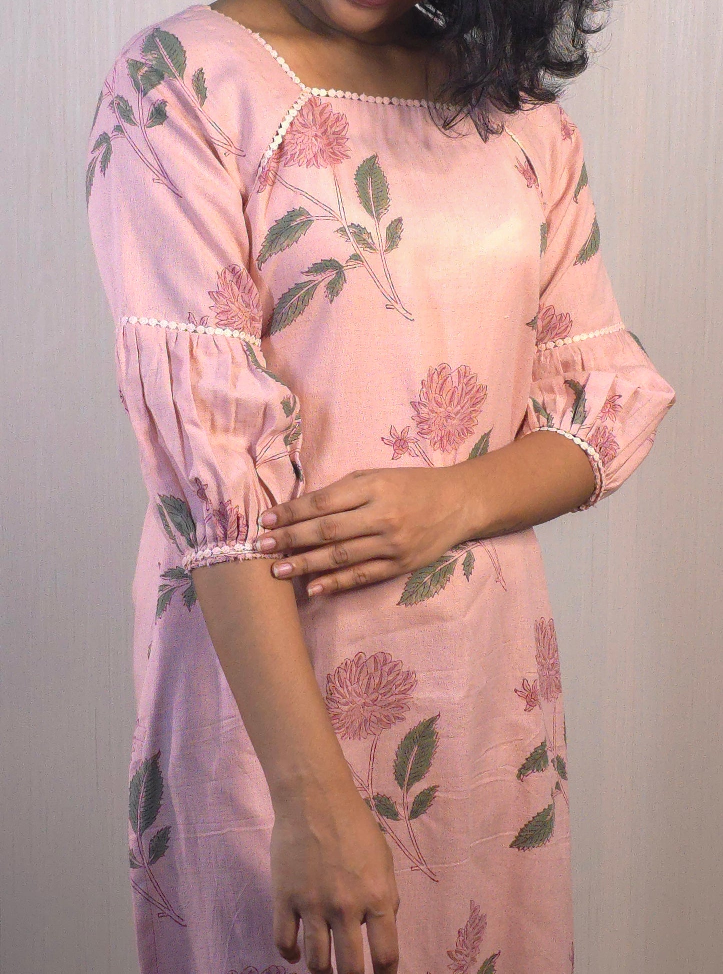 Pastel pink floral printed cotton flex kurti with pleated sleeves and lace detailings MBS-493 ** ready to dispatch **