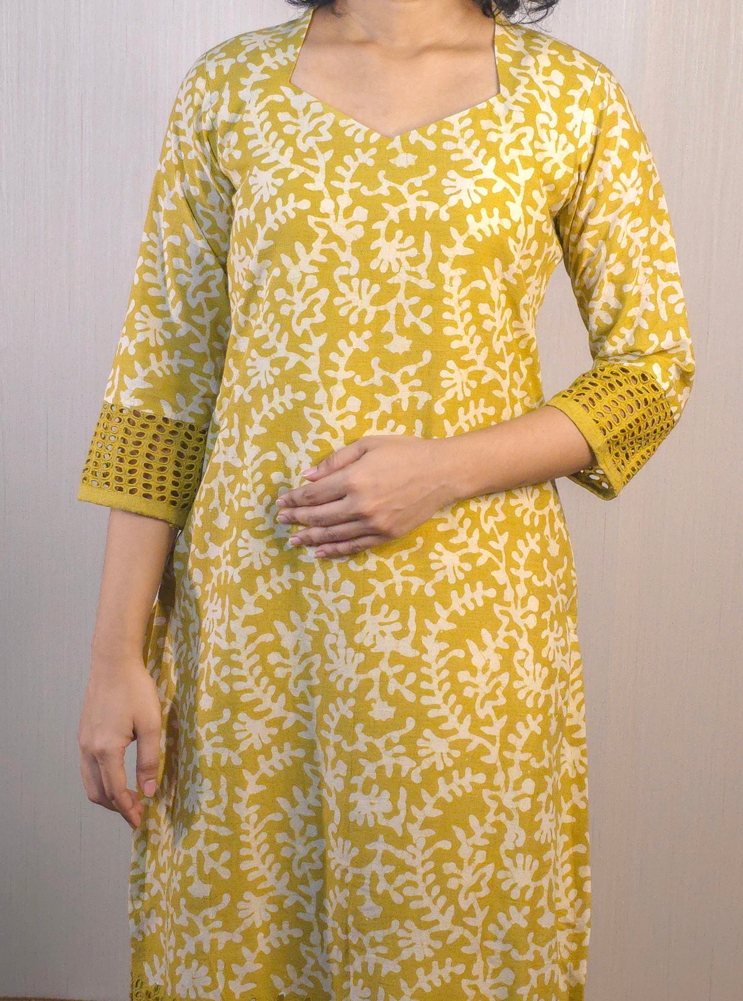 Block printed cotton kurti with cutworked hemline and sleeve end in  pale mustard yellow shade MBS-528 **ready to dispatch**