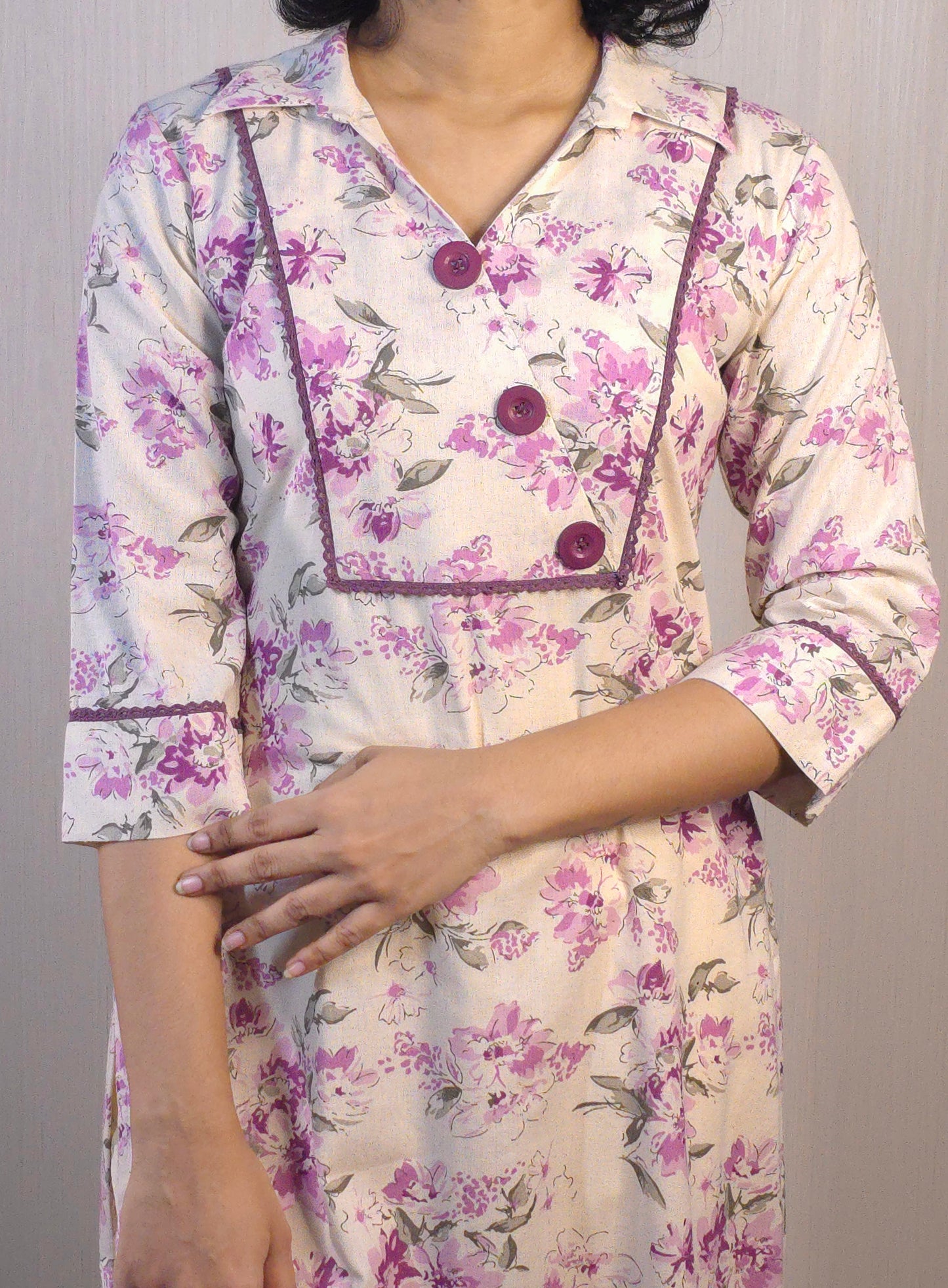 Lavender floral printed cotton flex kurti with collar neck MBS-529 **ready to dispatch**