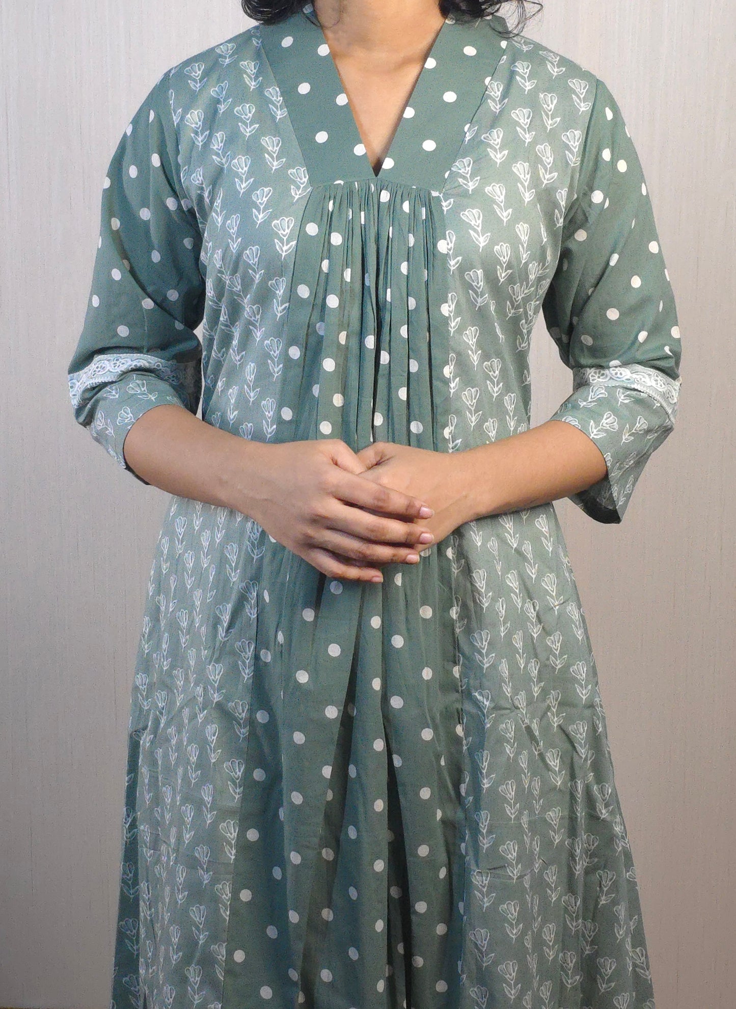 Floral printed pure cotton Aline kurti with polka dotted middle panel with gathers in pastel green shade MBS-522 **ready to dispatch**