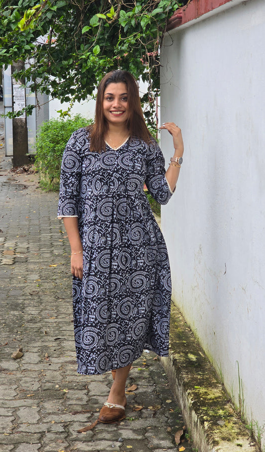 Cambric cotton traditional printed (warli print)Aline kurti/dress with crochet detailings in black shade MBS-612 **Ready to dispatch**