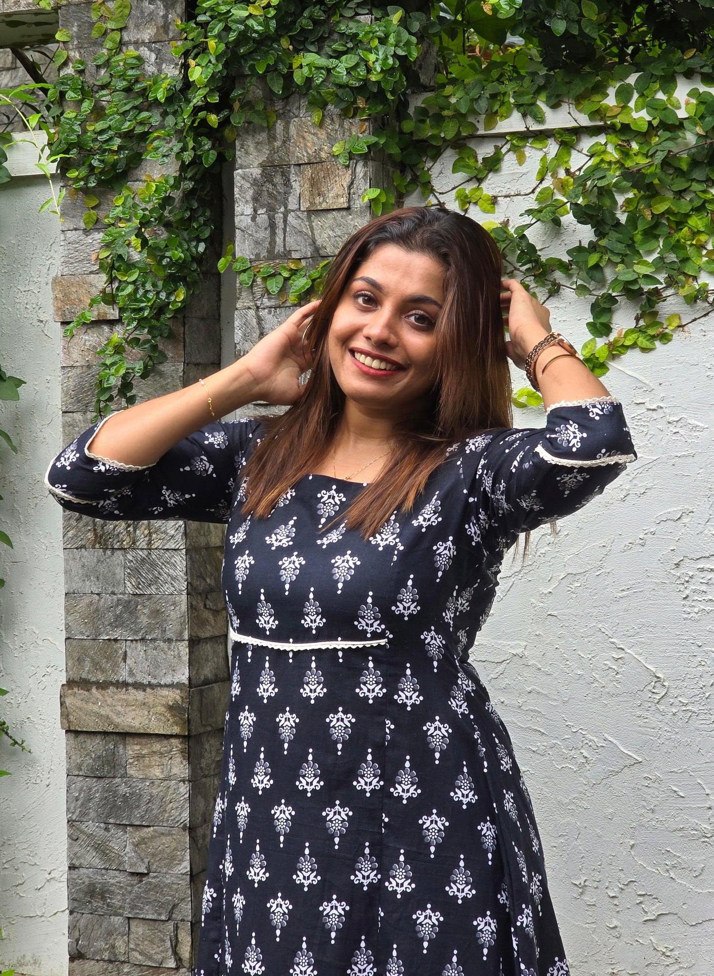 Black soft cotton floral printed kurti with lace detailed yoke and sleeves MBS-655 **Ready to dispatch**