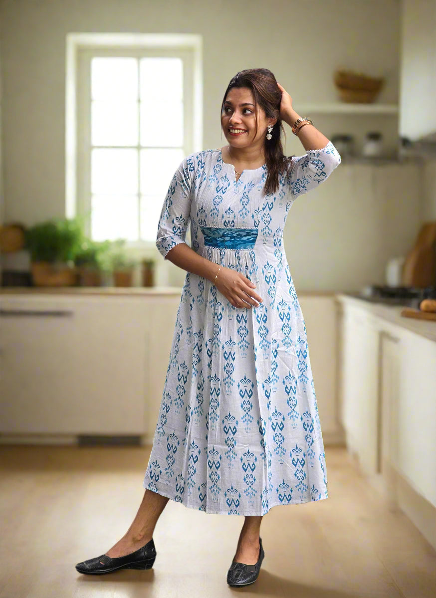 White printed soft cotton lining kurti with pintucked yoke and gathers MBS-614