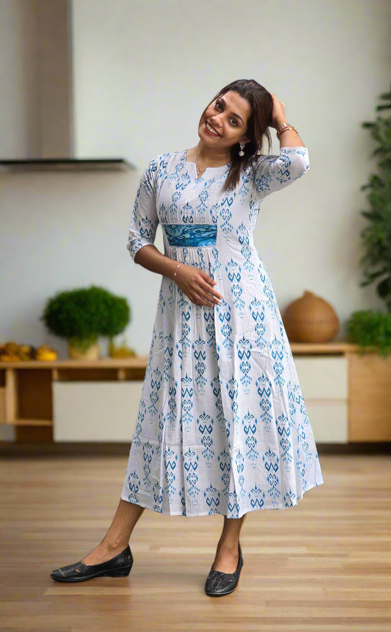 White printed soft cotton lining kurti with pintucked yoke and gathers MBS-614