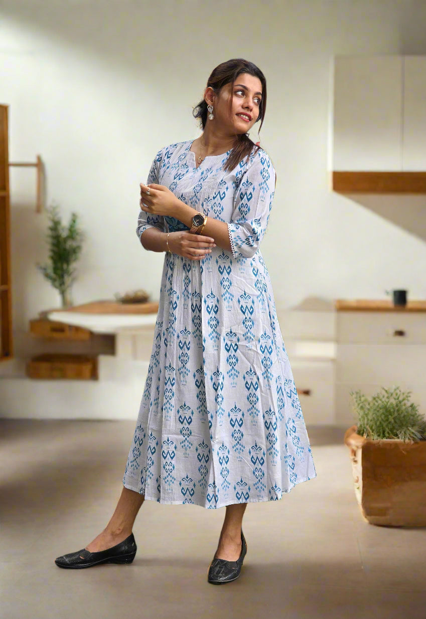 White printed soft cotton lining kurti with pintucked yoke and gathers MBS-614