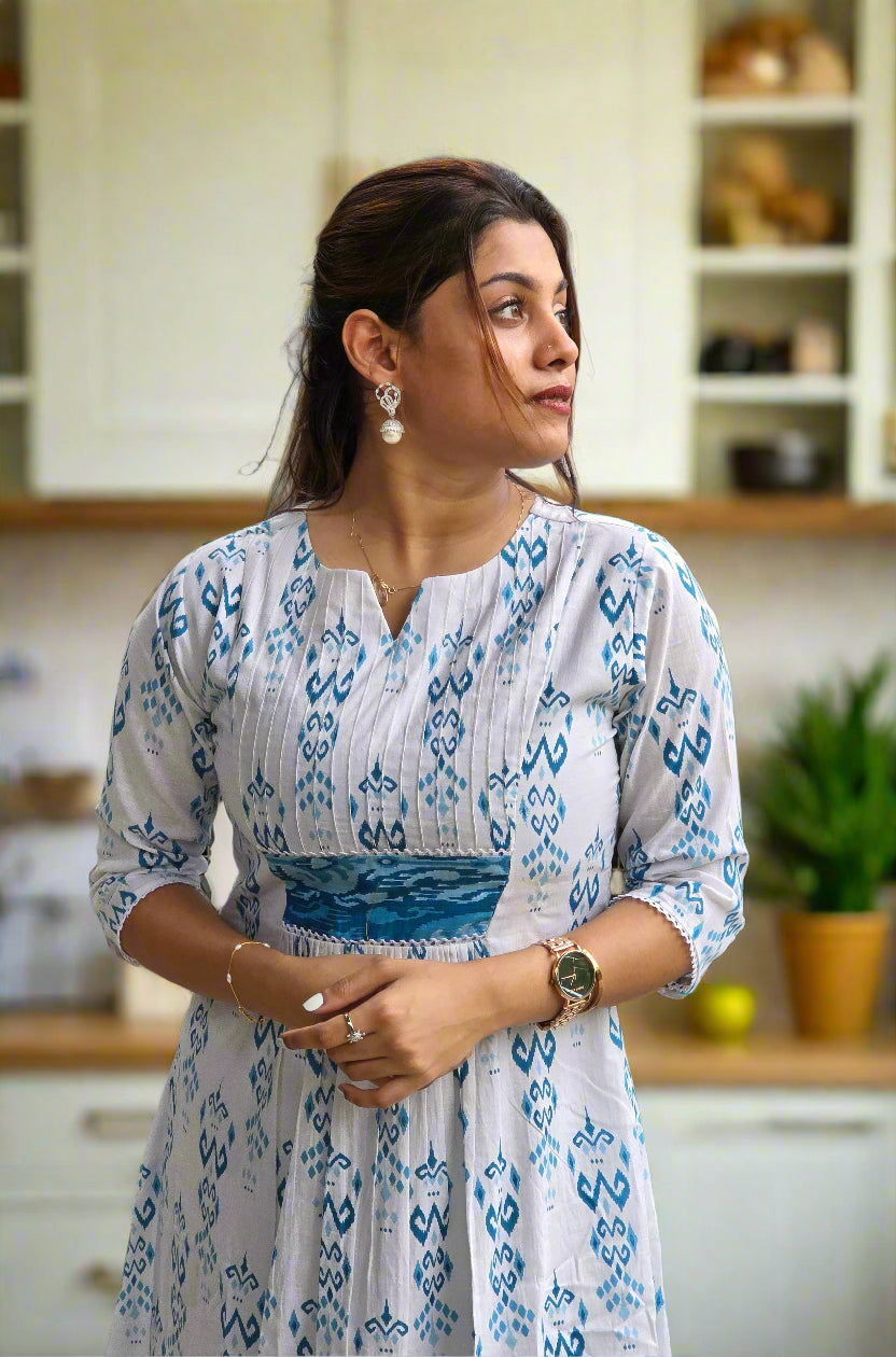 White printed soft cotton lining kurti with pintucked yoke and gathers MBS-614