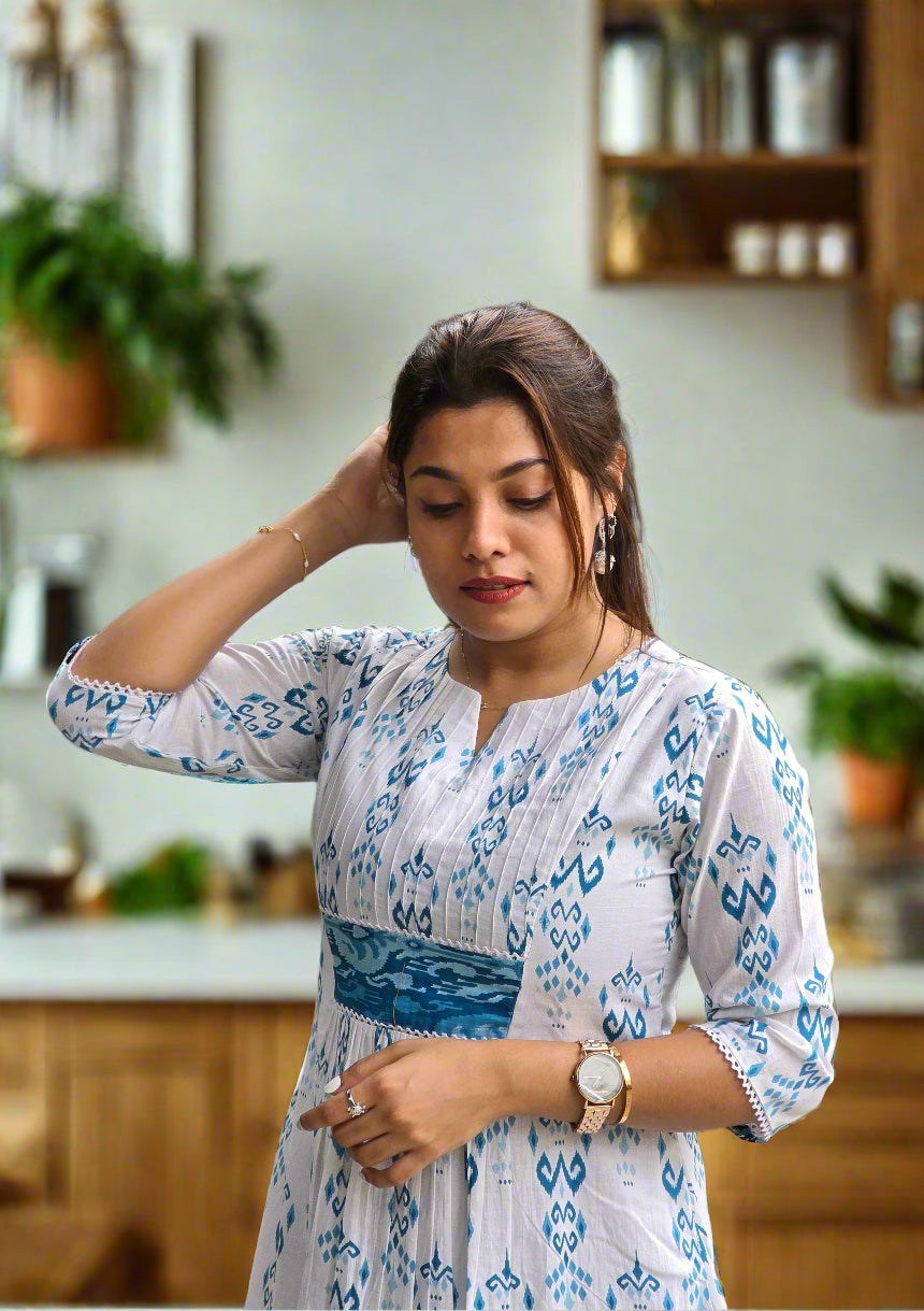 White printed soft cotton lining kurti with pintucked yoke and gathers MBS-614