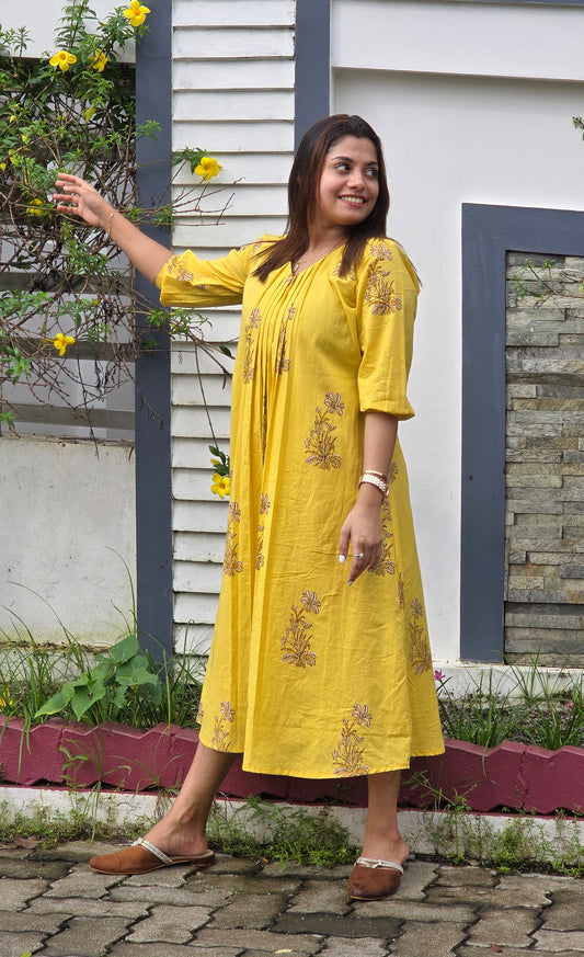 Pure soft cotton block printed kurti/dress in yellow shade MBS- 608