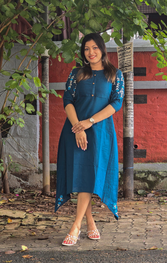Blue shaded cotton flex kurti with pleated yoke and embroidery detailing on  sleeves and hemline MBS-675