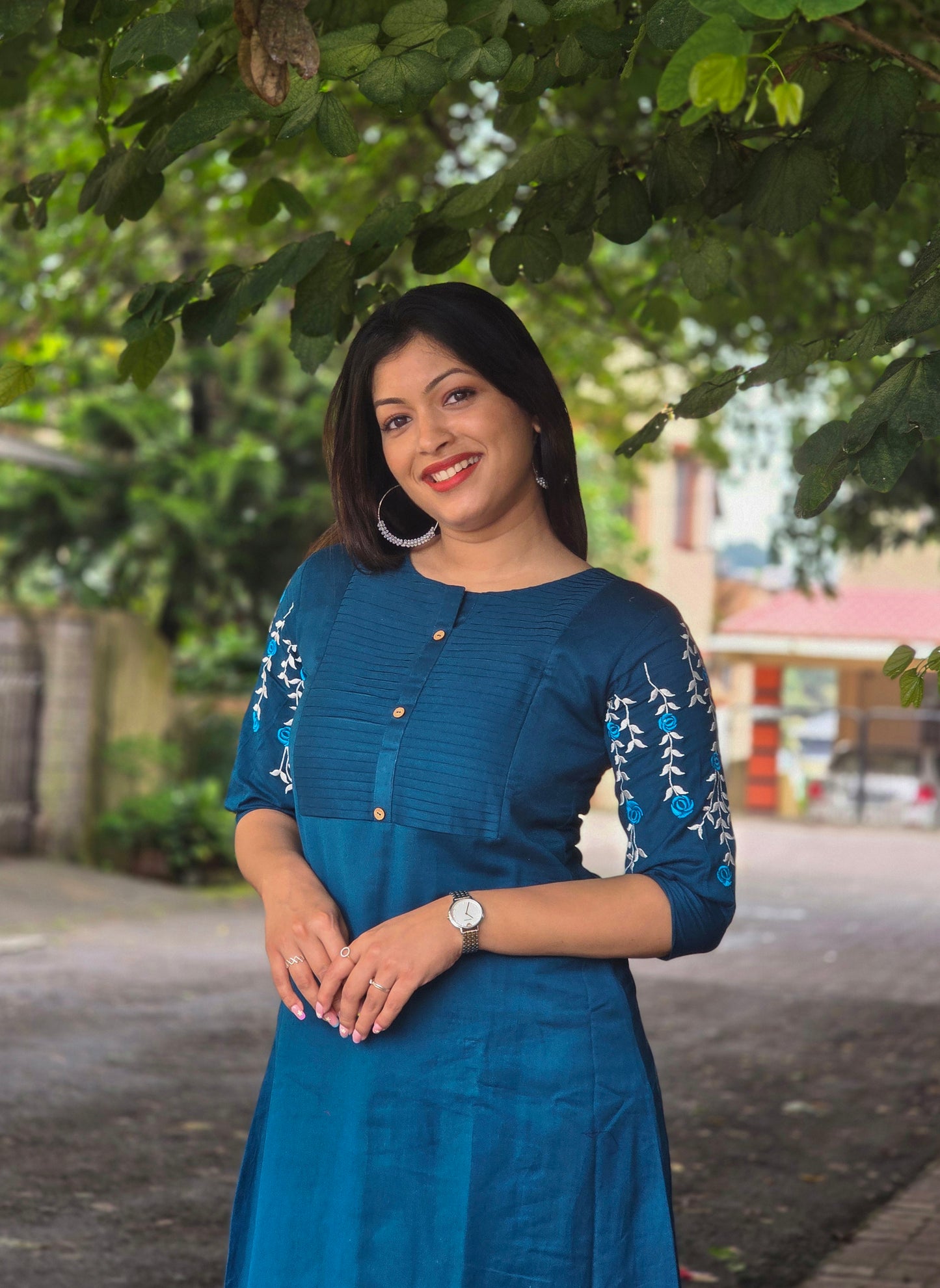 Blue shaded cotton flex kurti with pleated yoke and embroidery detailing on  sleeves and hemline MBS-675