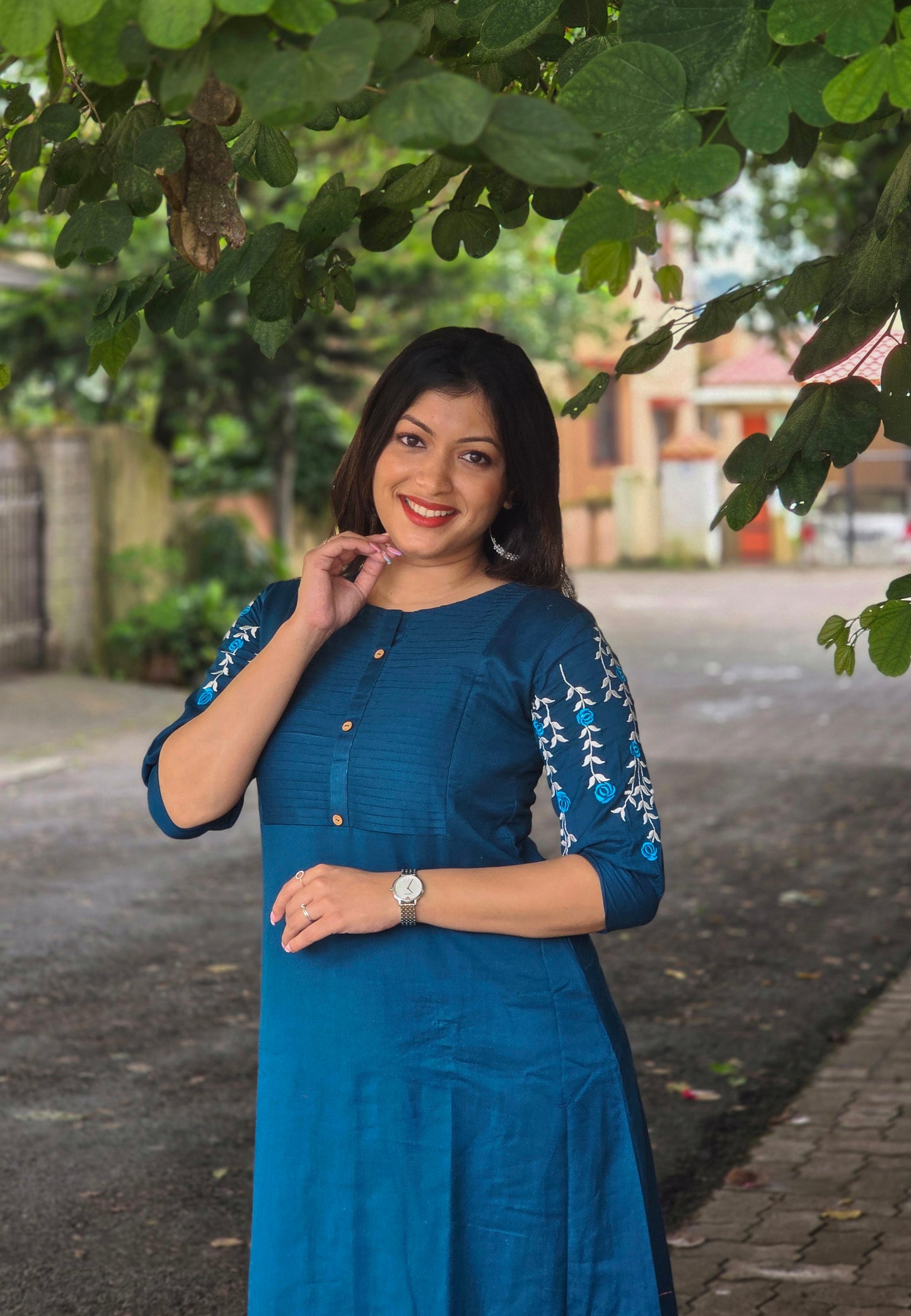 Blue shaded cotton flex kurti with pleated yoke and embroidery detailing on  sleeves and hemline MBS-675