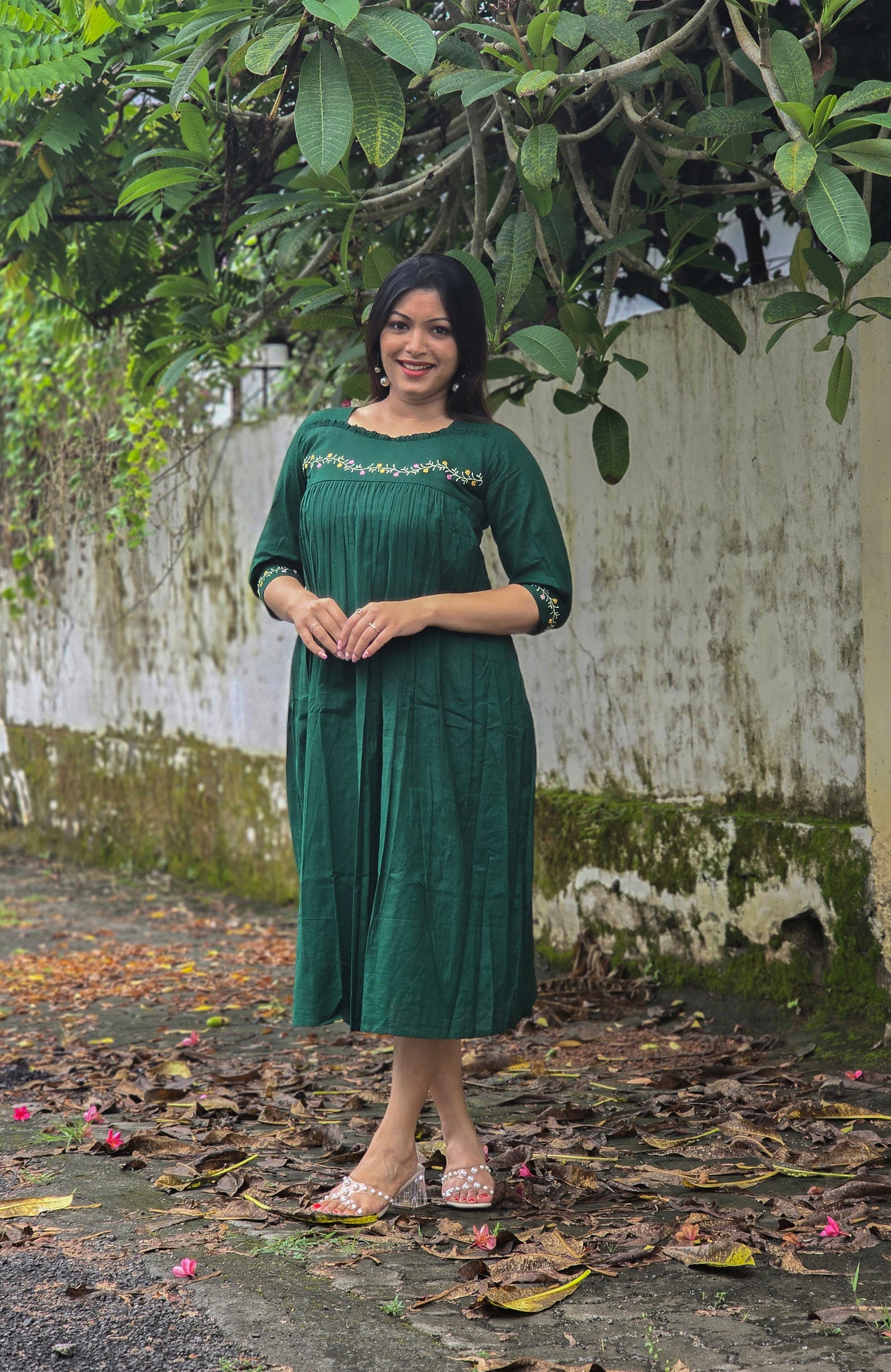 Green shaded cotton flex Aline kurti with frilled yoke and thread embroidered detailings MBS-676