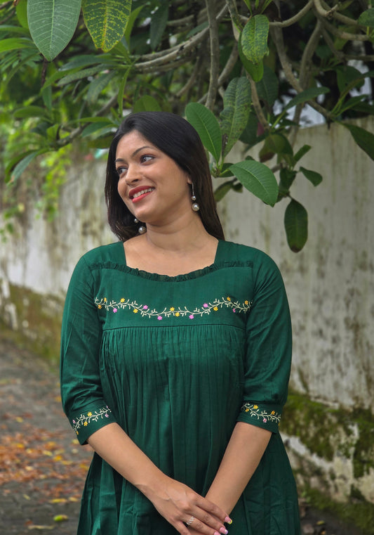 Green shaded cotton flex Aline kurti with frilled yoke and thread embroidered detailings MBS-676