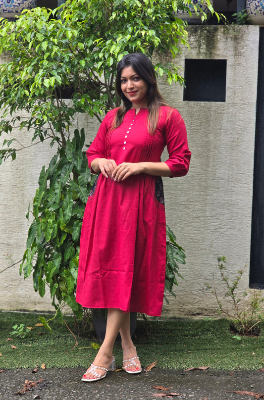 Maroon shaded cotton Aline kurti with mirror handworked yoke  MBS-674