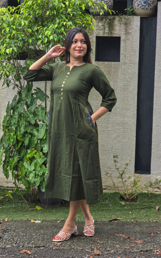 Green shaded cotton Aline kurti with mirror handworked yoke  MBS-673
