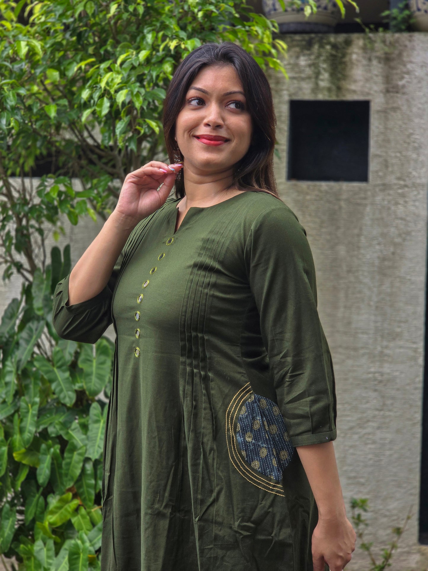 Green shaded cotton Aline kurti with mirror handworked yoke  MBS-673