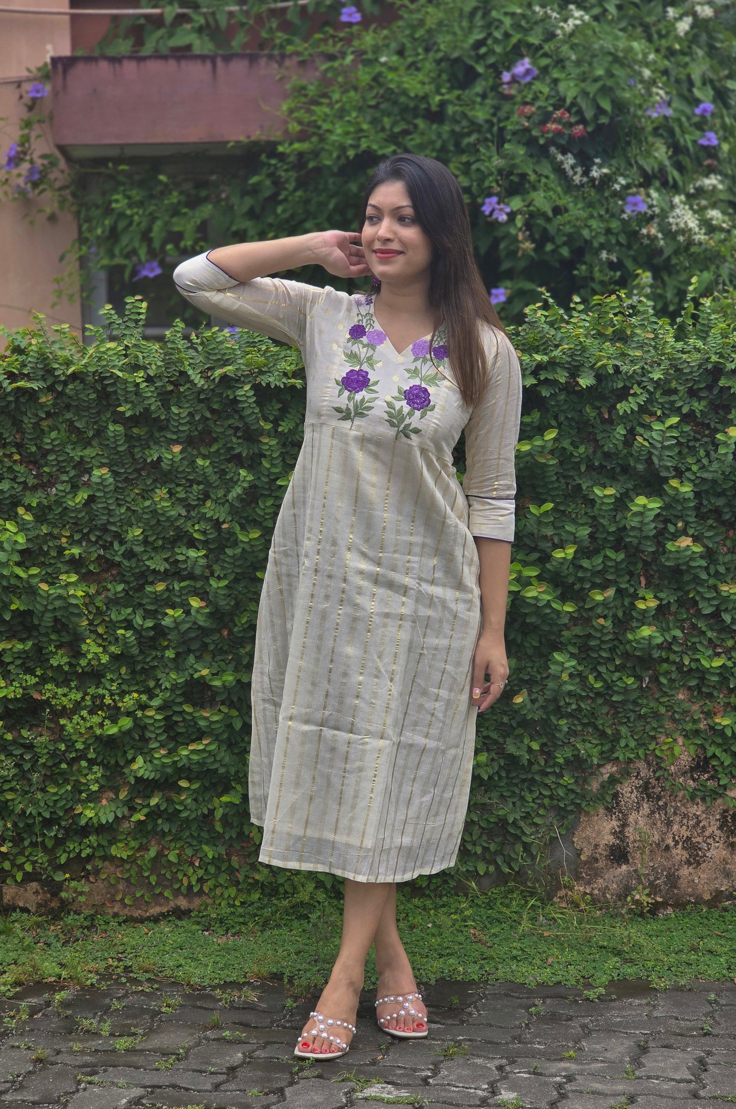 Off white shaded kora cotton A-line kurti with floral embroidered yoke with dupatta MBS-762