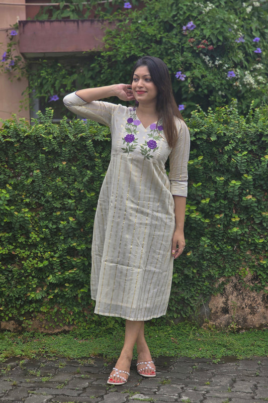 Off white shaded kora cotton A-line kurti with floral embroidered yoke with dupatta MBS-762