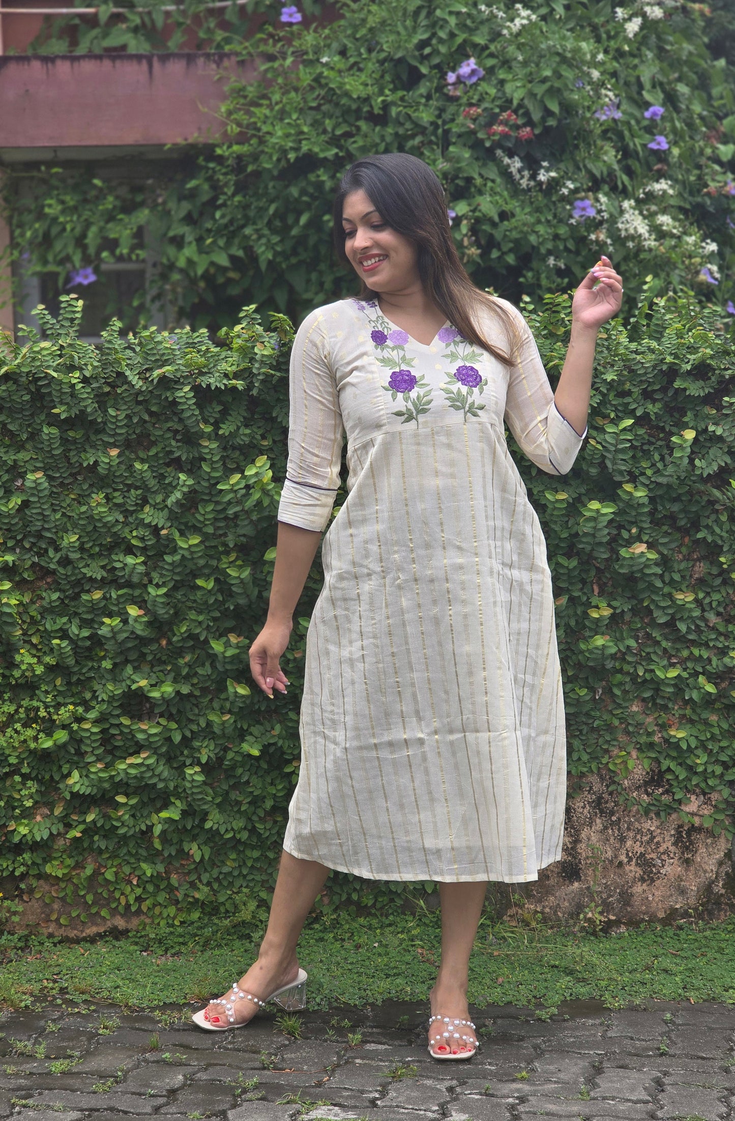 Off white shaded kora cotton A-line kurti with floral embroidered yoke with dupatta MBS-762