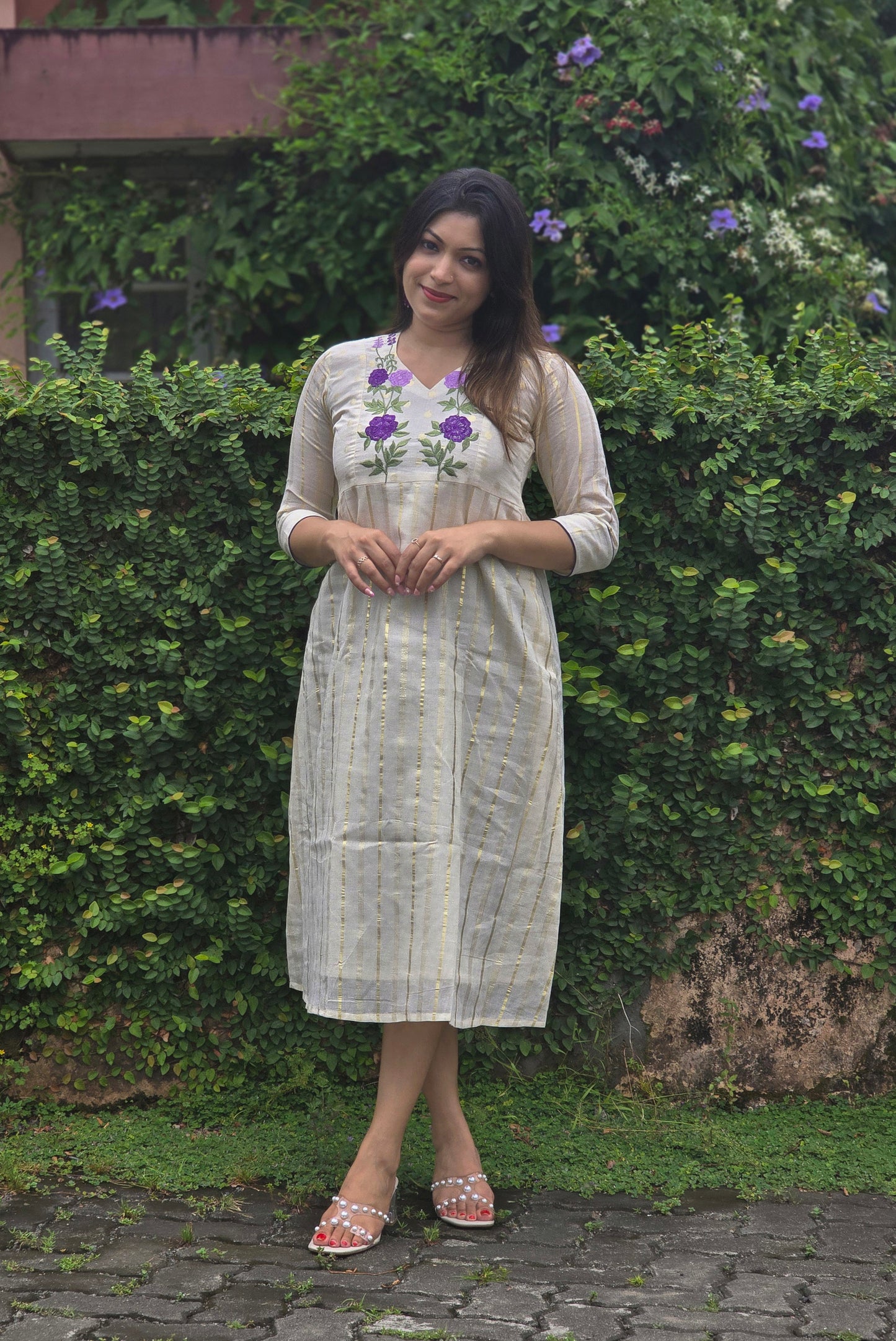 Off white shaded kora cotton A-line kurti with floral embroidered yoke with dupatta MBS-762