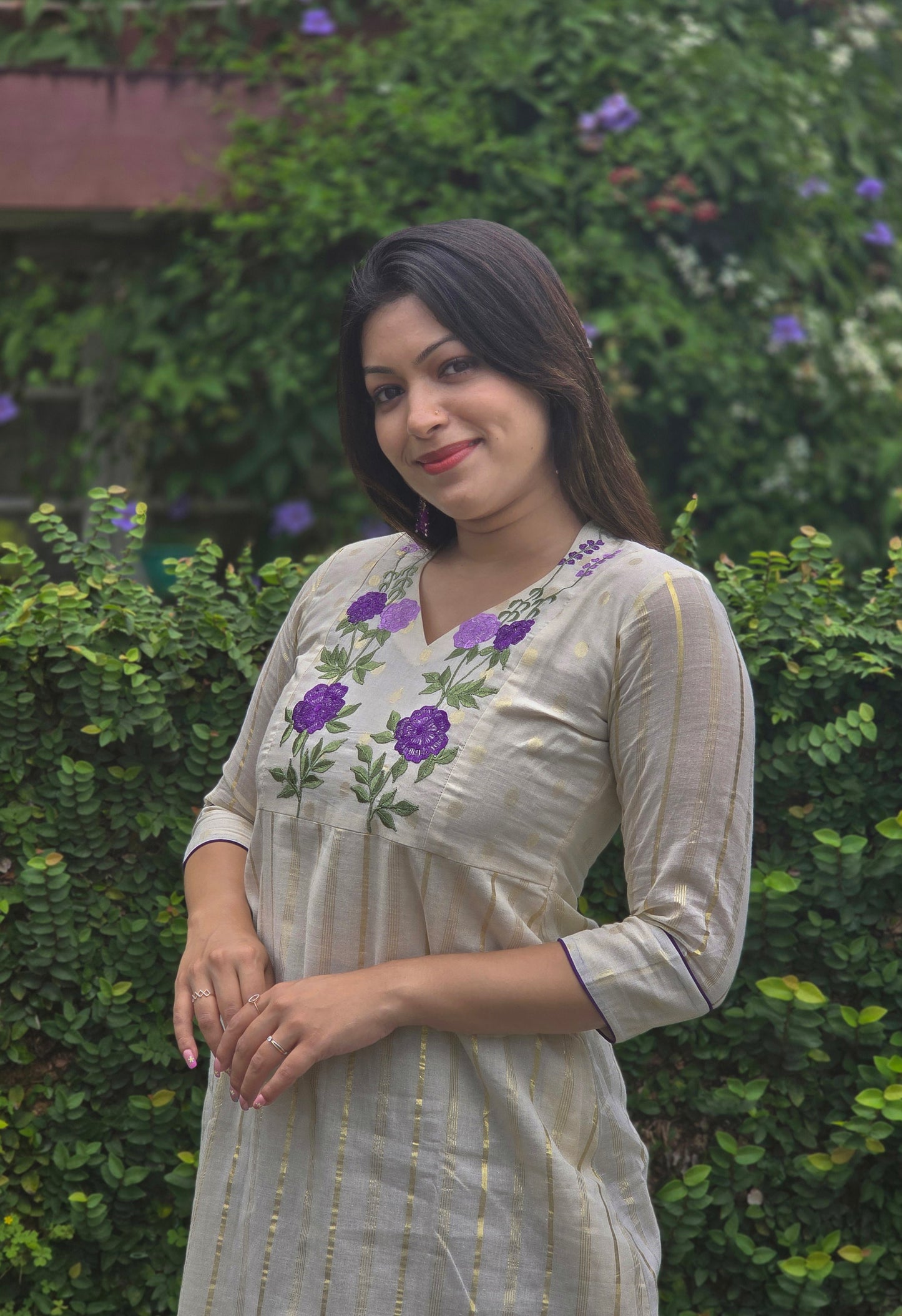 Off white shaded kora cotton A-line kurti with floral embroidered yoke with dupatta MBS-762