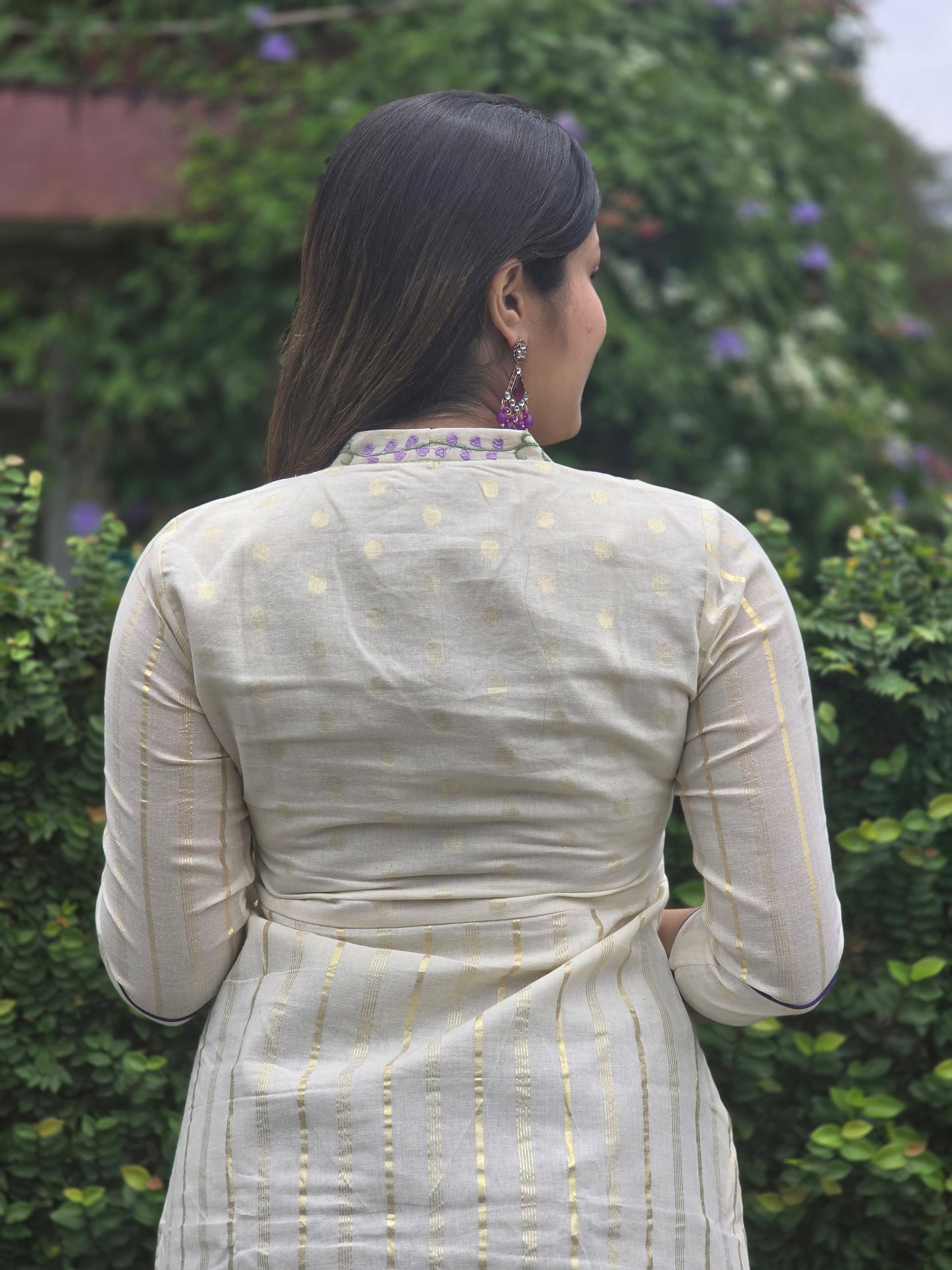 Off white shaded kora cotton A-line kurti with floral embroidered yoke with dupatta MBS-762