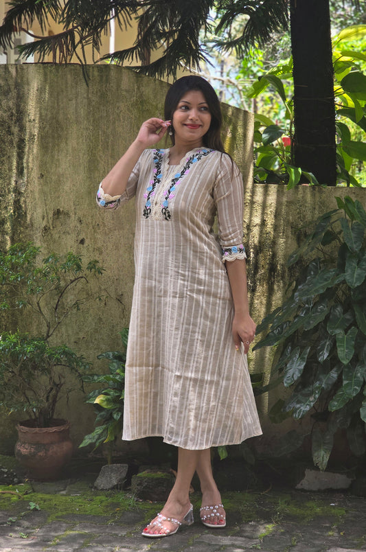 Cream shaded semi jute cotton A-line kurti with floral thread embroidered yoke MBS-763