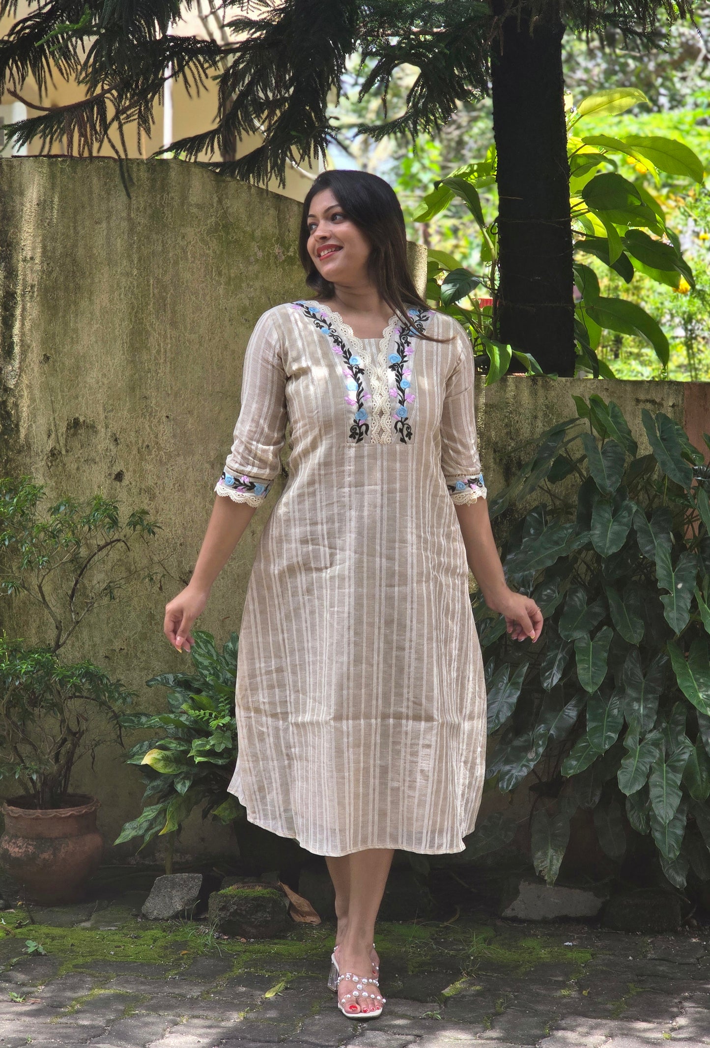 Cream shaded semi jute cotton A-line kurti with floral thread embroidered yoke MBS-763