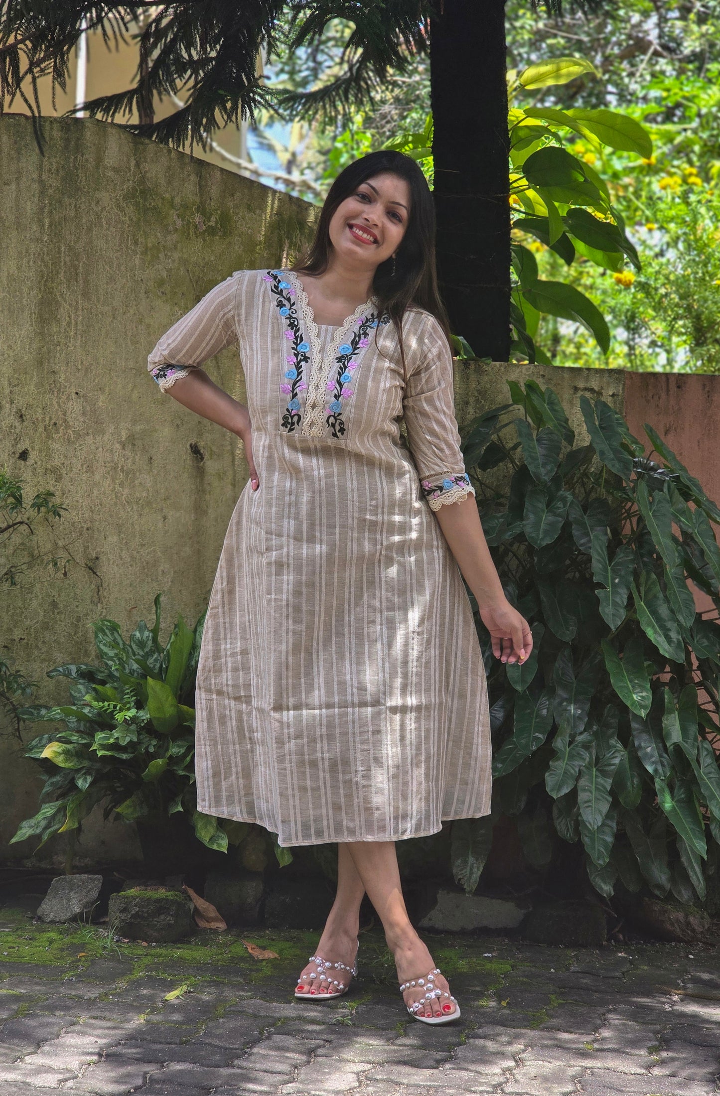 Cream shaded semi jute cotton A-line kurti with floral thread embroidered yoke MBS-763