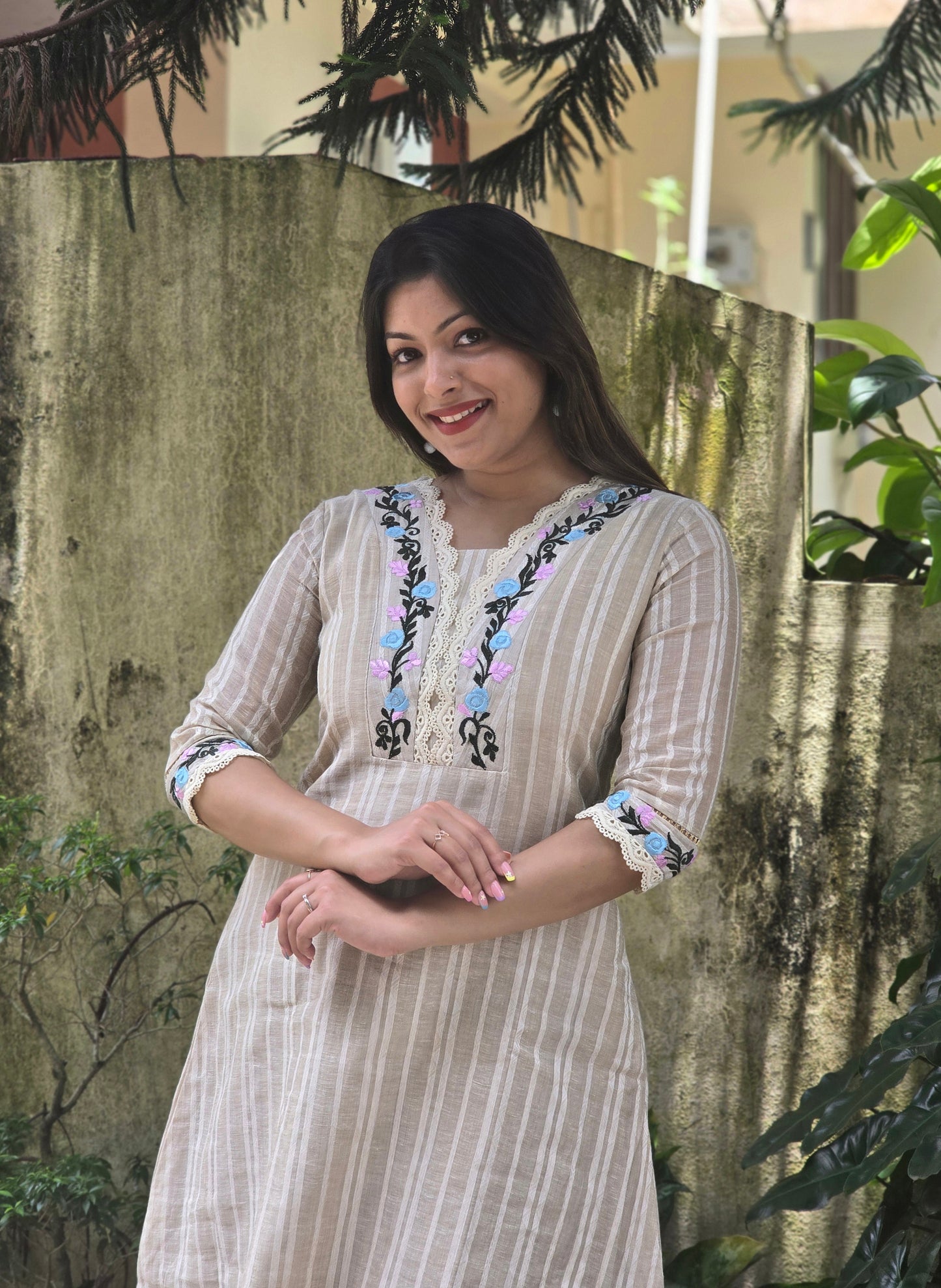 Cream shaded semi jute cotton A-line kurti with floral thread embroidered yoke MBS-763