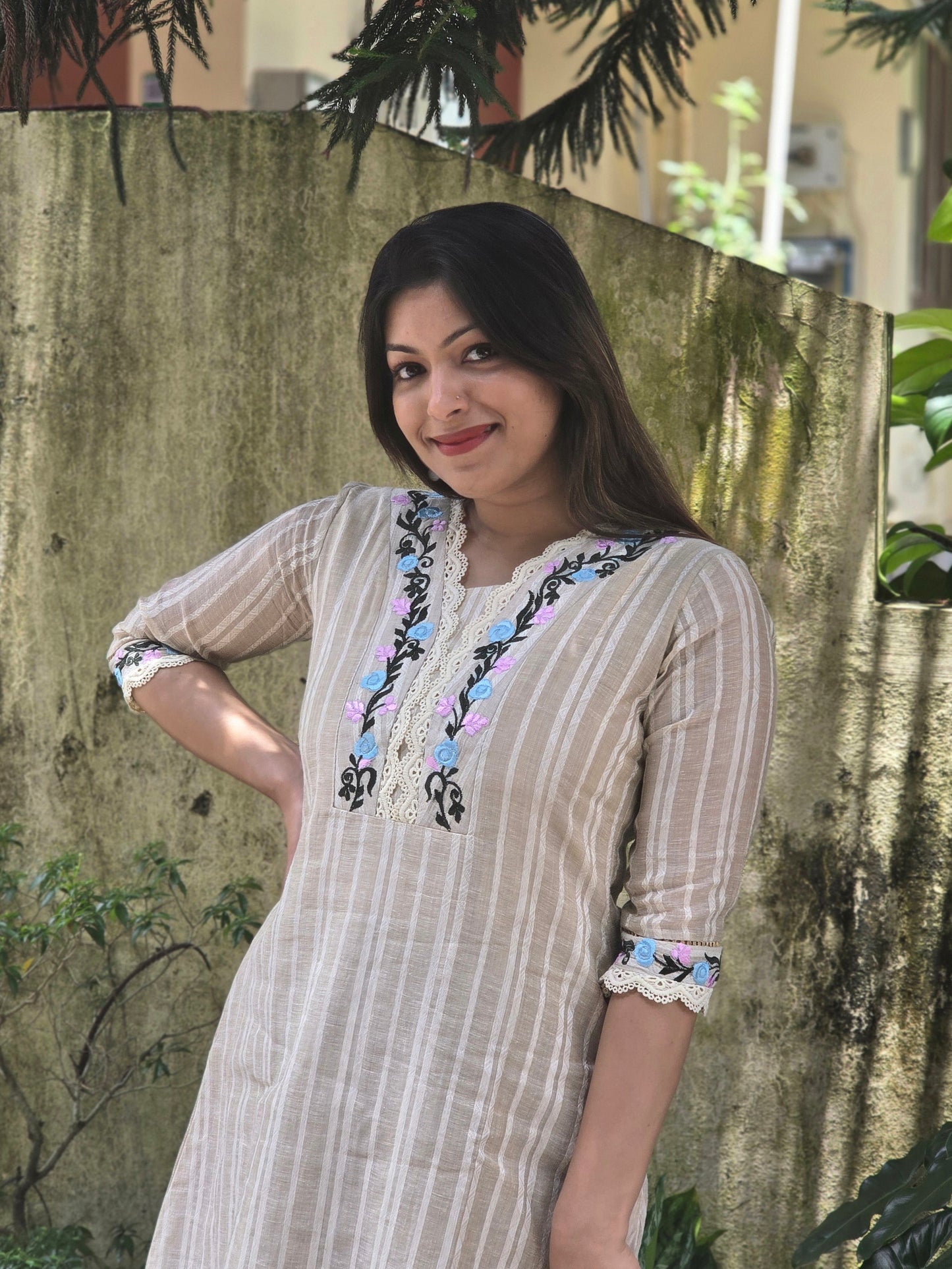 Cream shaded semi jute cotton A-line kurti with floral thread embroidered yoke MBS-763