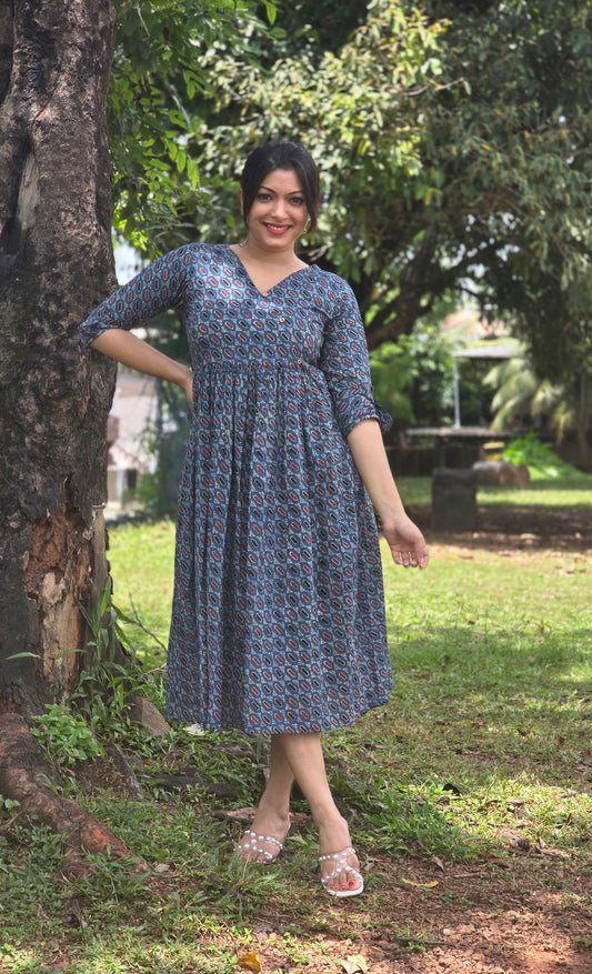 Printed cotton Aline kurti with overlapped yoke in blue shade MBS-666 **ready to dispatch**