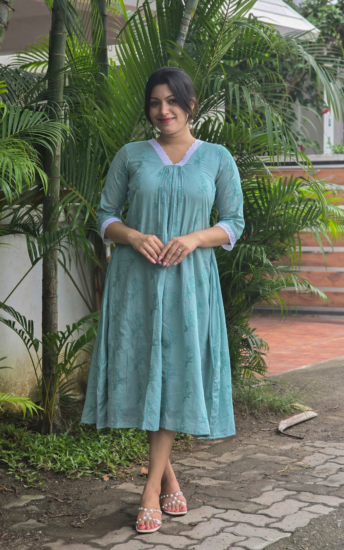 Seafoam shaded mul cotton Aline dress/kurti with self threaded floral embroidery MBS-667 **ready to dispatch**