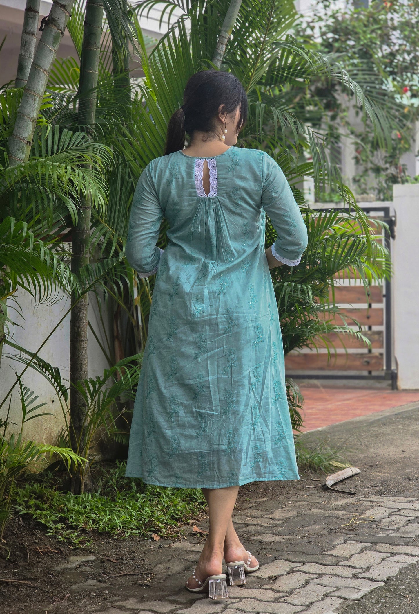 Seafoam shaded mul cotton Aline dress/kurti with self threaded floral embroidery MBS-667 **ready to dispatch**