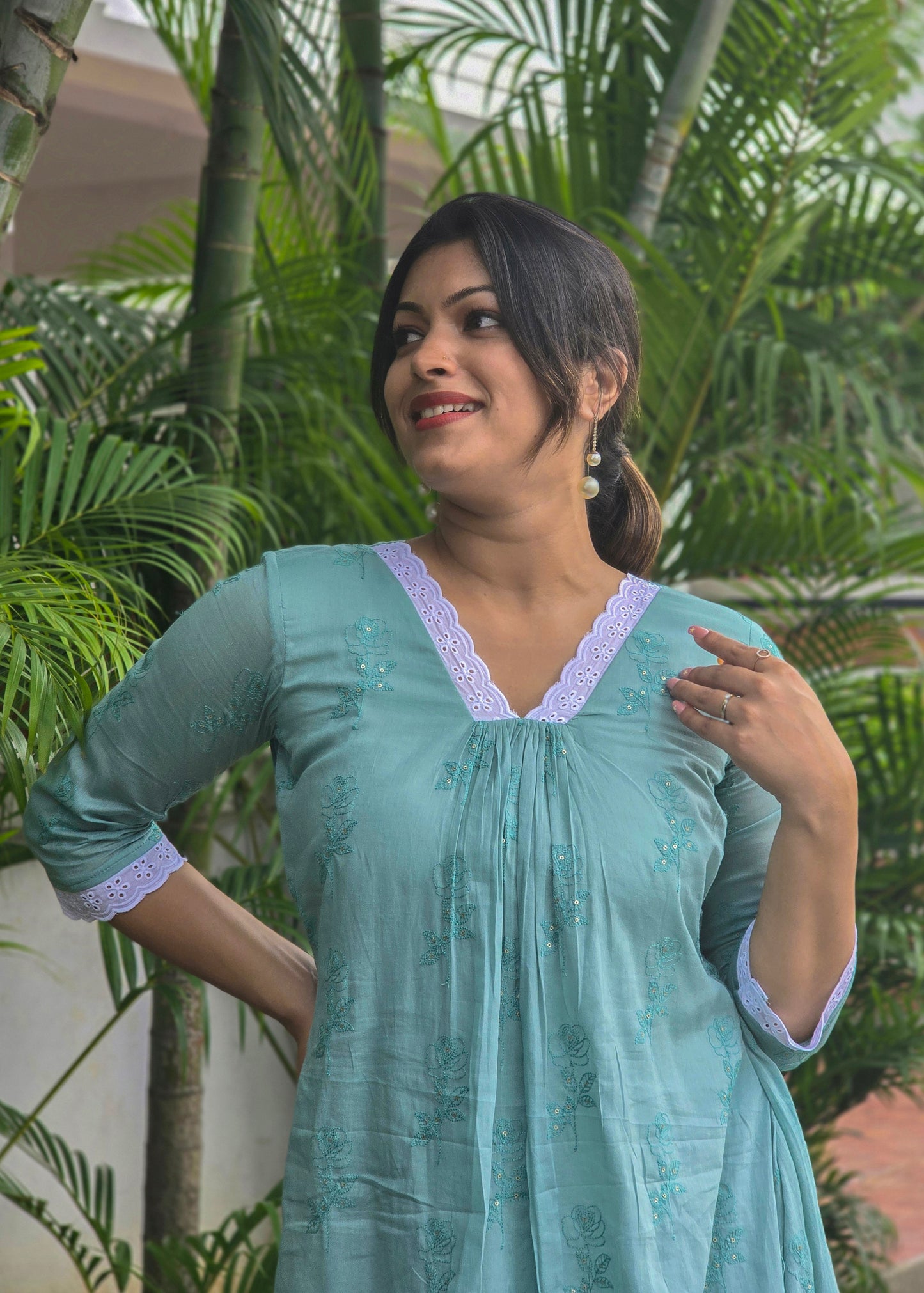 Seafoam shaded mul cotton Aline dress/kurti with self threaded floral embroidery MBS-667 **ready to dispatch**